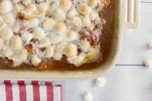 Sweet Potato Recipe for Thanksgiving with marshmallows on top.