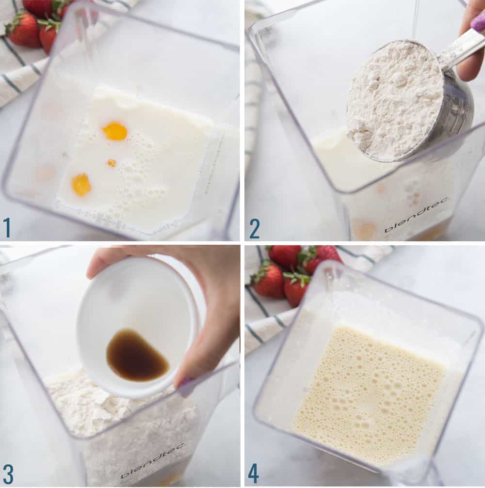 How to make german pancakes - step by step collage of ingredients being added to a blender.