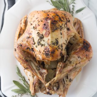Thanksgiving Turkey on a white platter with fresh herbs sitting on a granite counter next to a tea towel