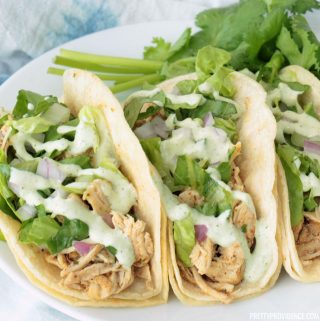 Crockpot shredded chicken tacos on a white plate topped with lettuce and cilantro.