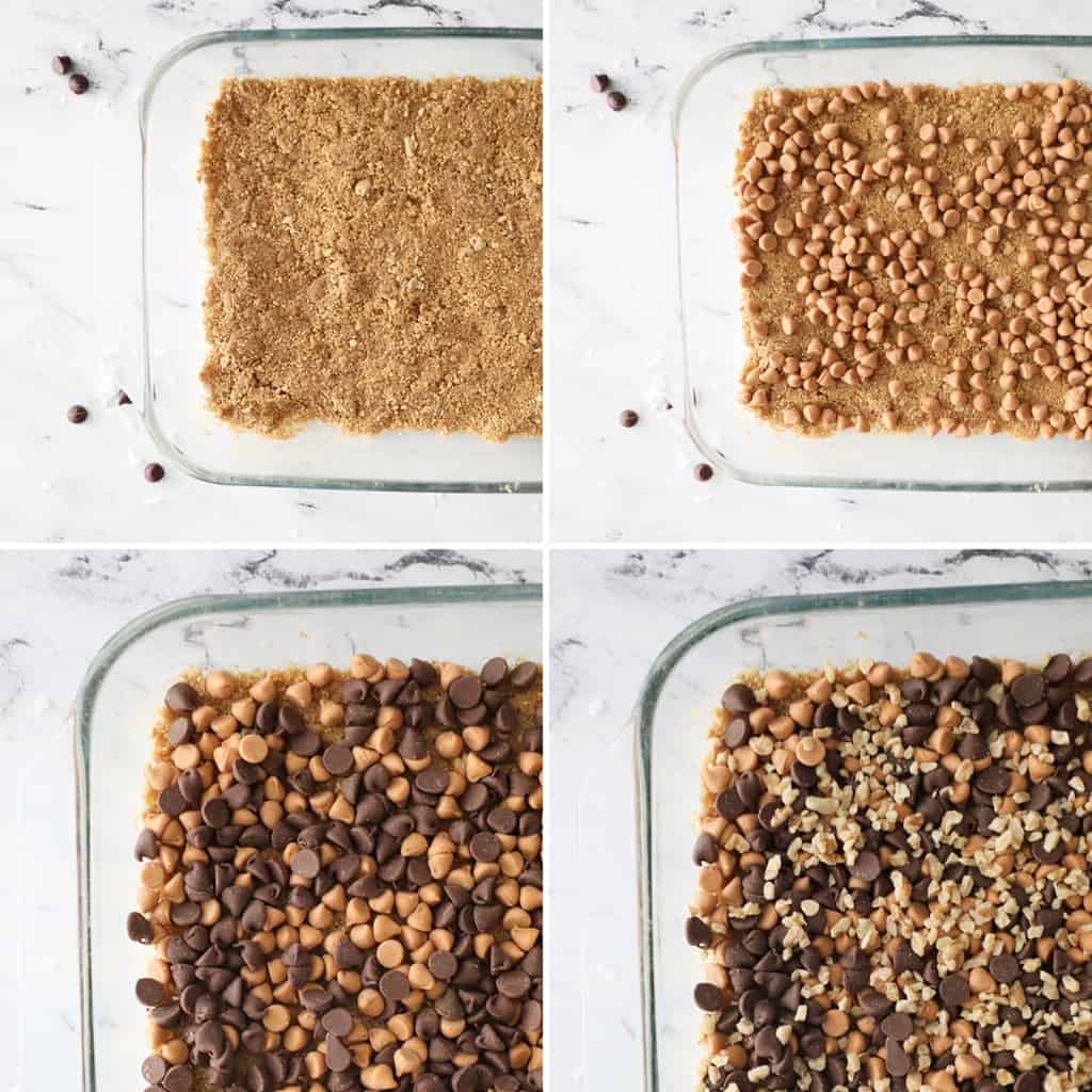 the first four steps of magic cookie bars in a collage image